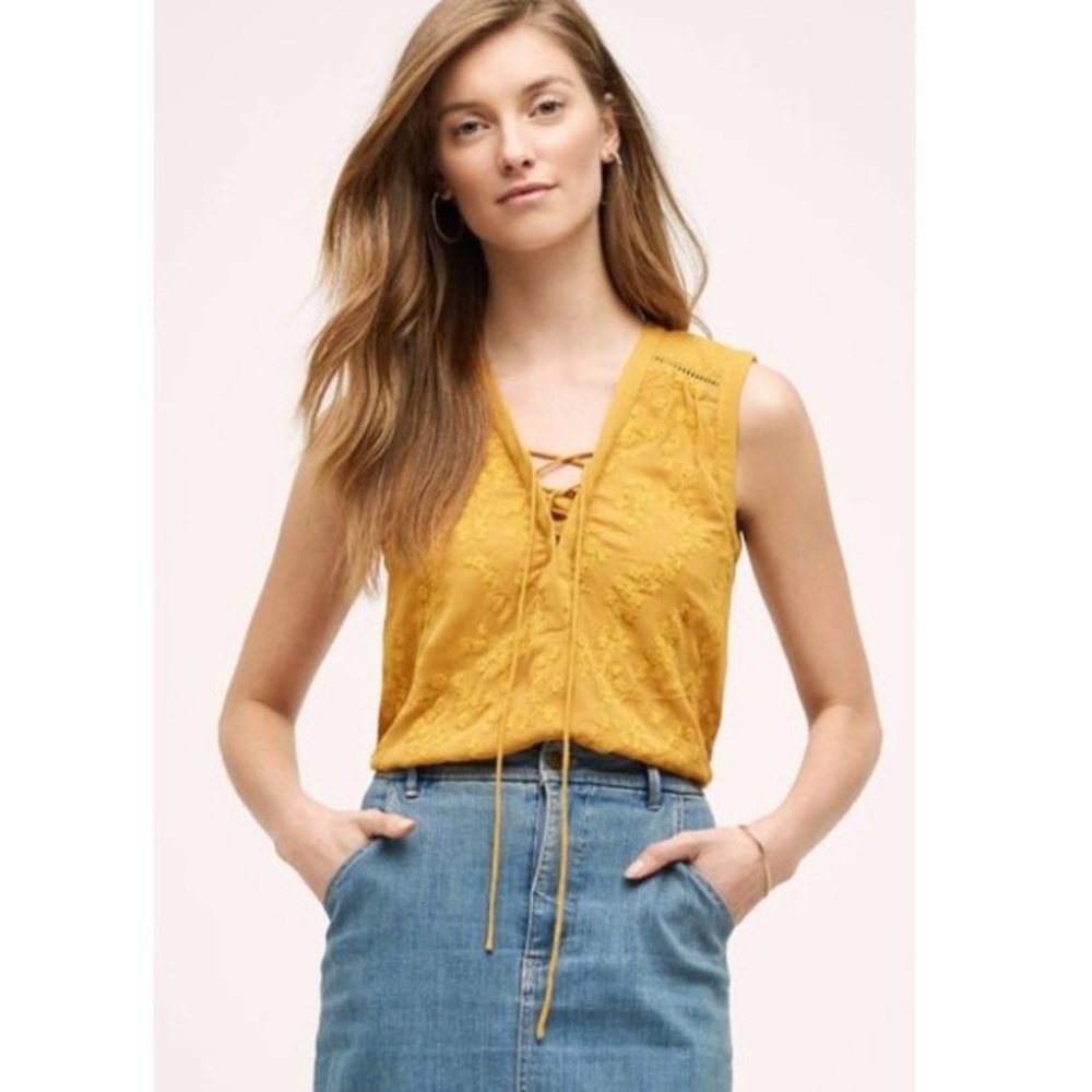 Maeve Embroidered Yellow Lace up Tank Blouse 4
